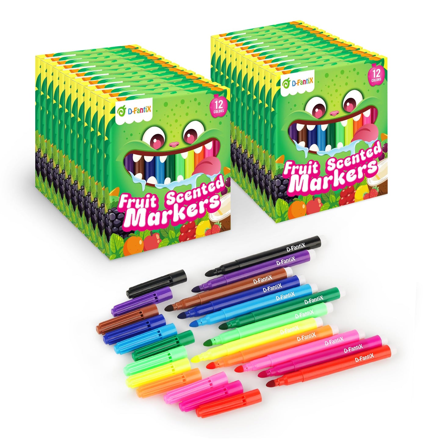D-FantiX 288-Count Fruit Scented Washable Markers – 24 Packs, 12 Bold Colors for Classrooms & Parties
