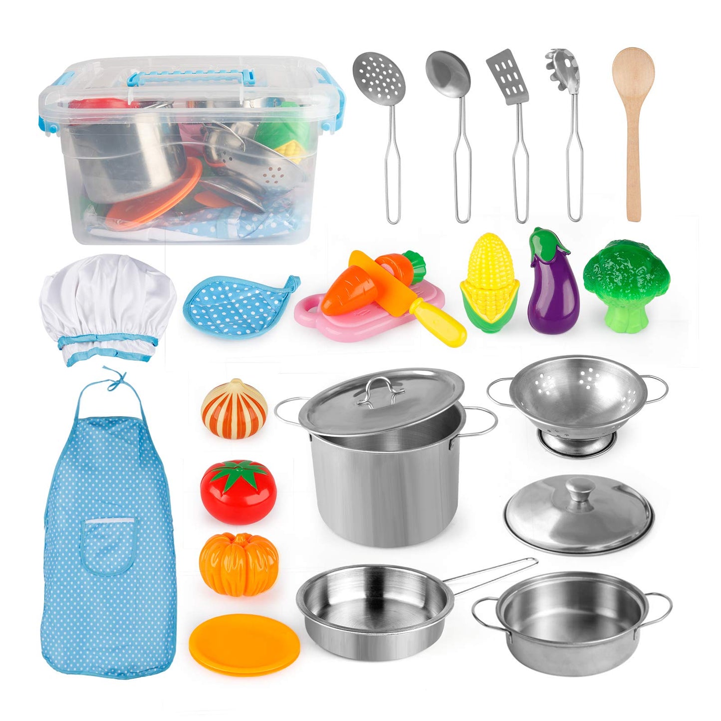 D-FantiX Play Kitchen Accessories Set – Kids Pots & Pans, Utensils, Apron & Chef Hat