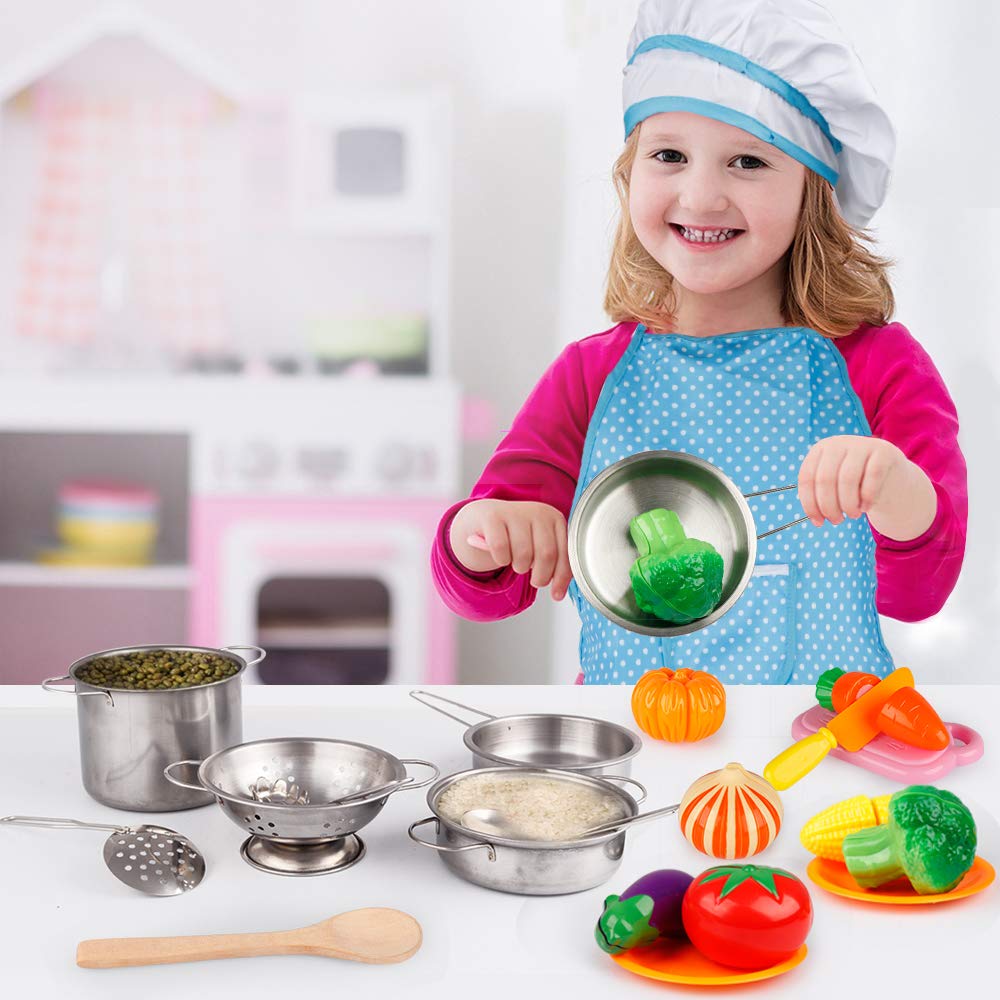 D-FantiX Play Kitchen Accessories Set – Kids Pots & Pans, Utensils, Apron & Chef Hat