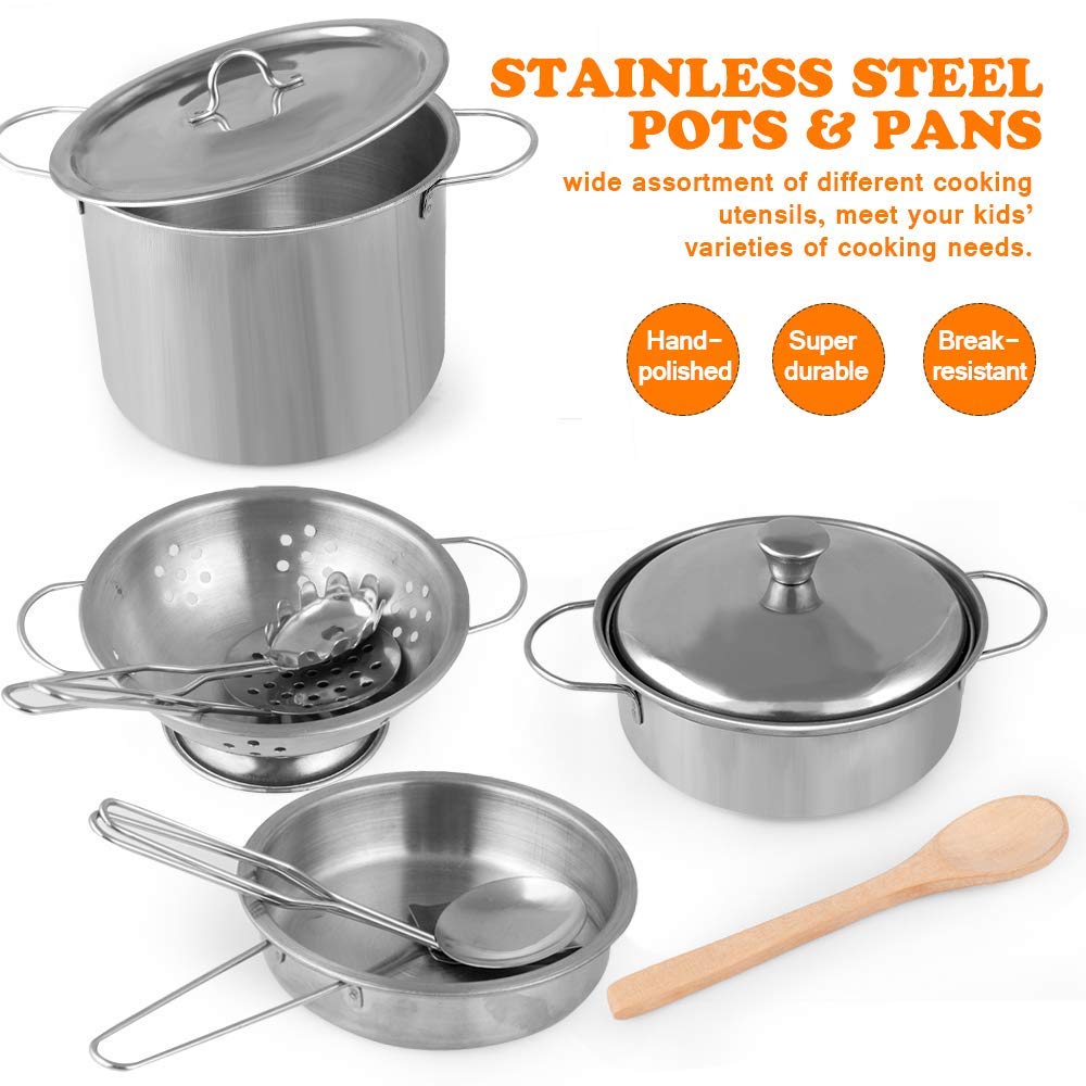 D-FantiX Play Kitchen Accessories Set – Kids Pots & Pans, Utensils, Apron & Chef Hat