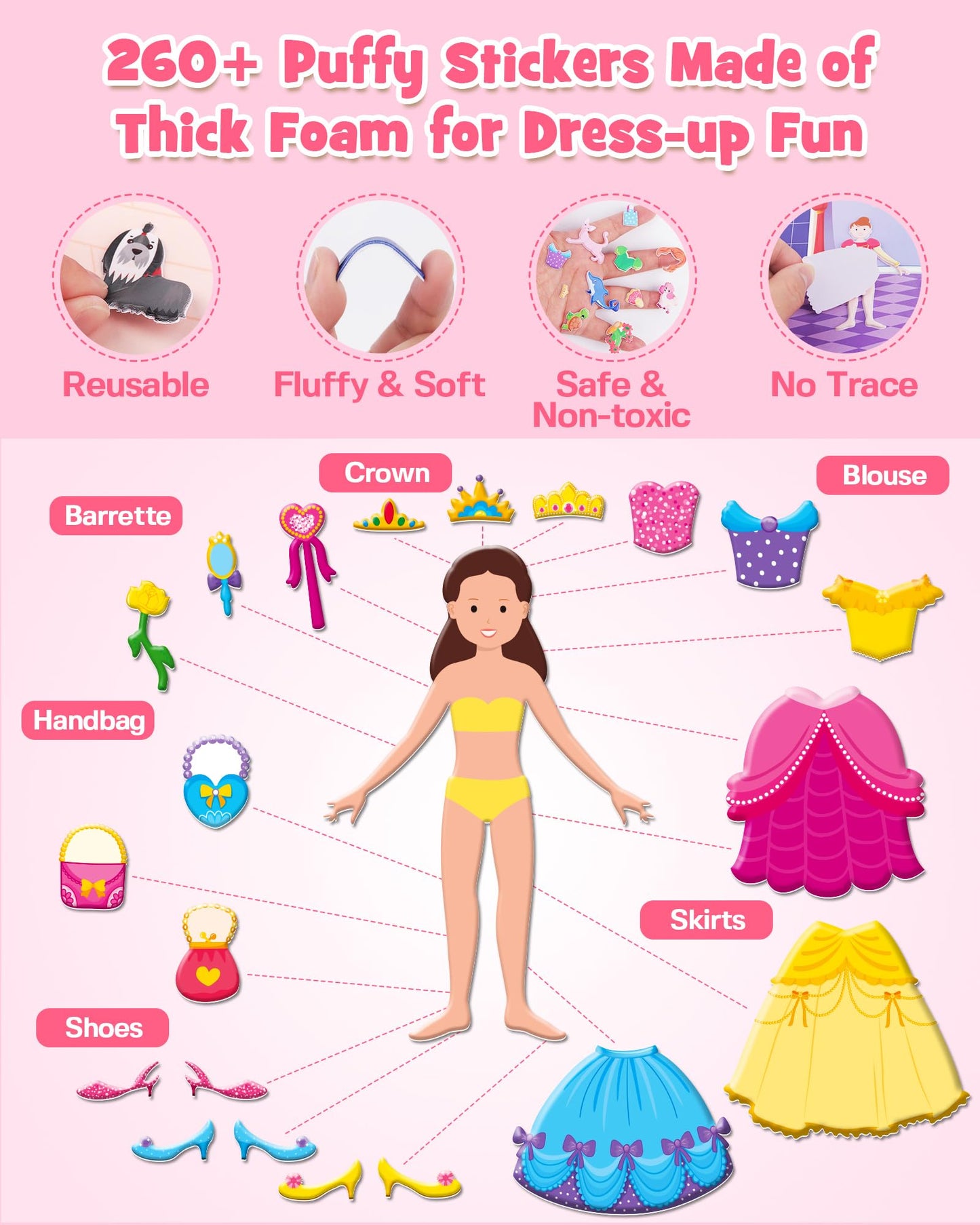 D-FantiX 3D Puffy Stickers for Toddlers 2-4 | Reusable Sticker Books for Girls 4-8 | Travel Activities