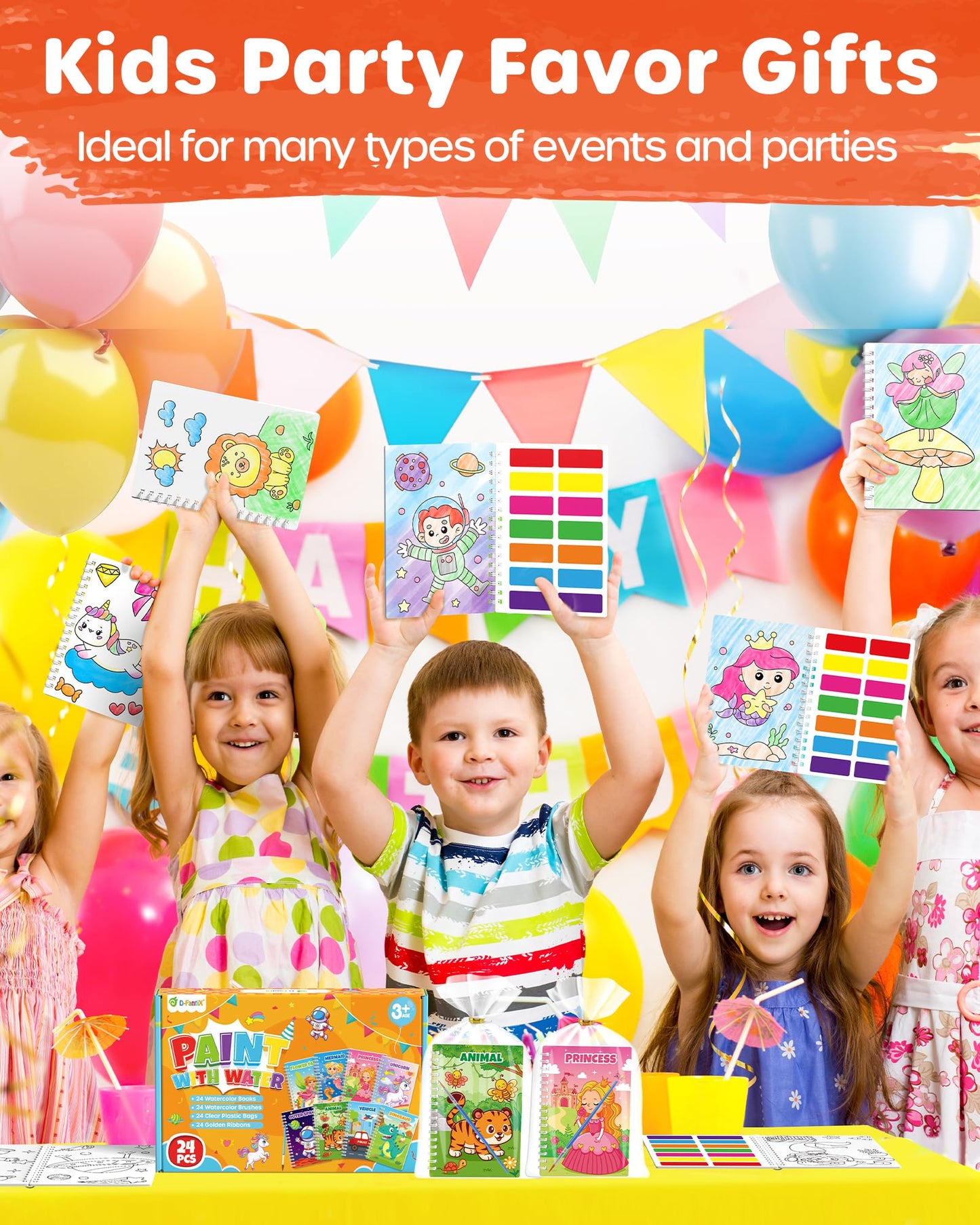 D-FantiX 24-Pack Paint with Water Coloring Books for Kids – Party Favors & Gifts