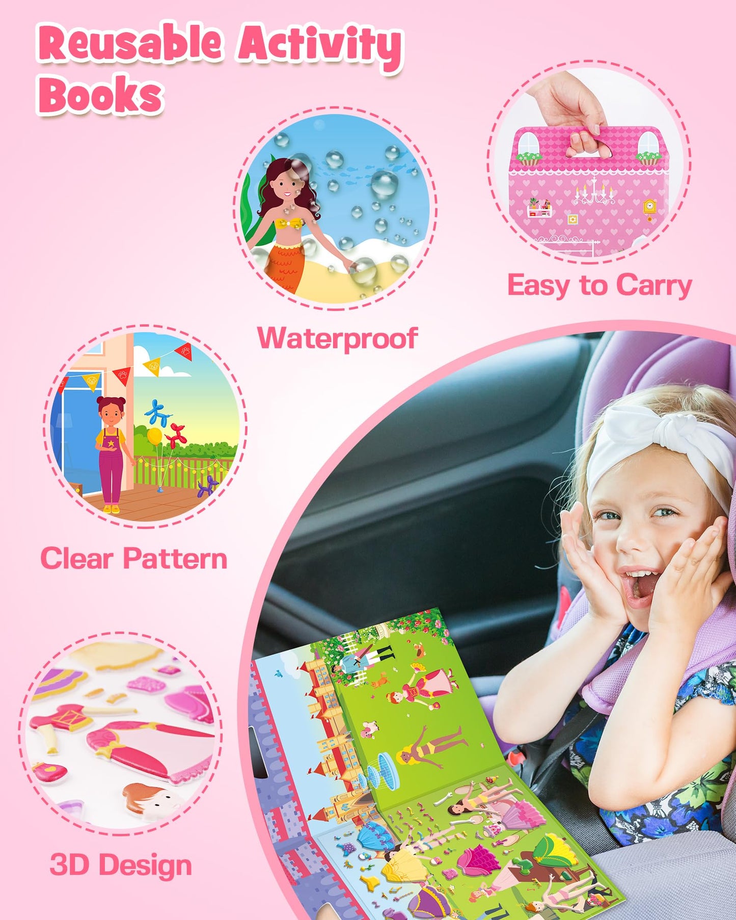 D-FantiX 3D Puffy Stickers for Toddlers 2-4 | Reusable Sticker Books for Girls 4-8 | Travel Activities