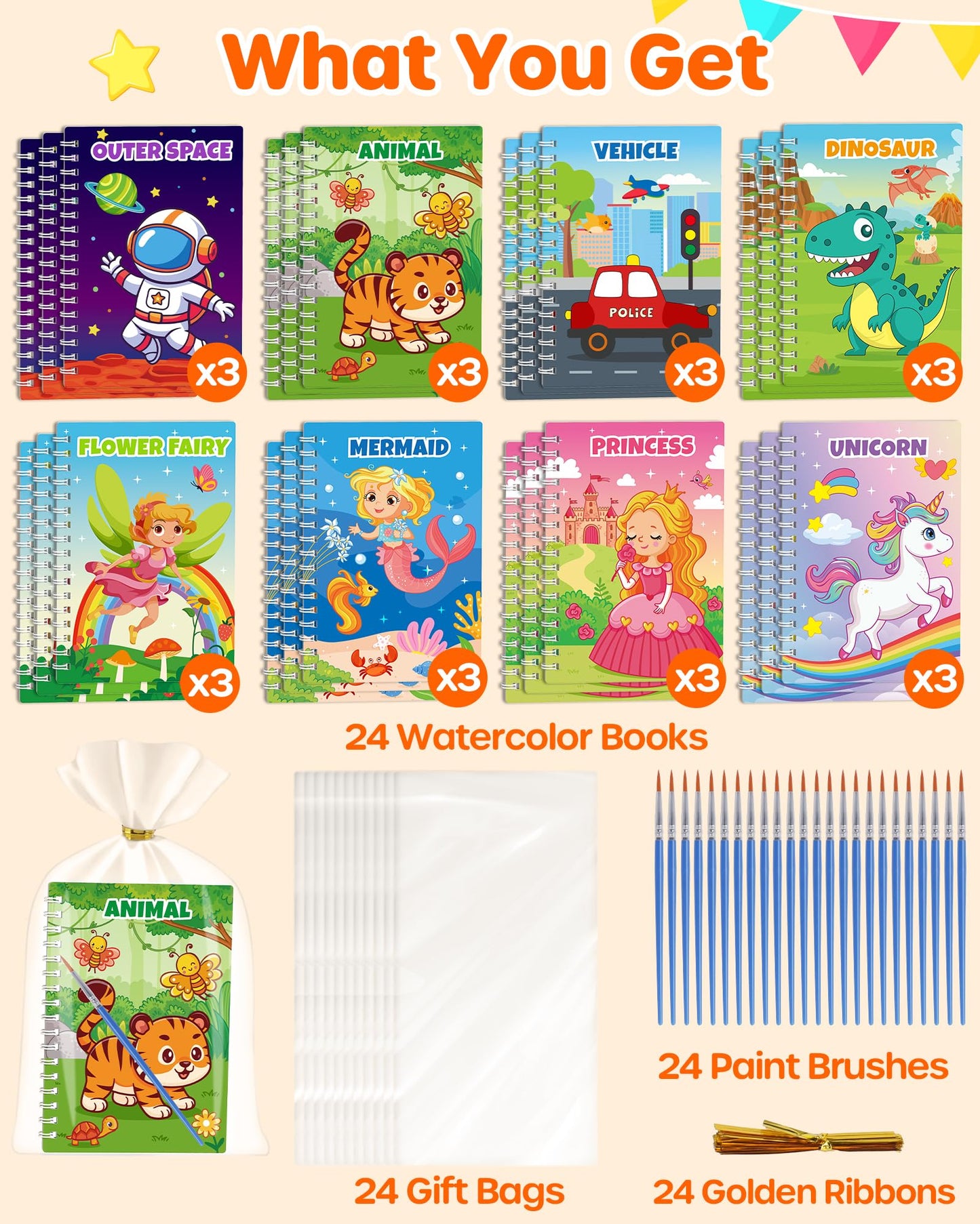 D-FantiX 24-Pack Paint with Water Coloring Books for Kids – Party Favors & Gifts