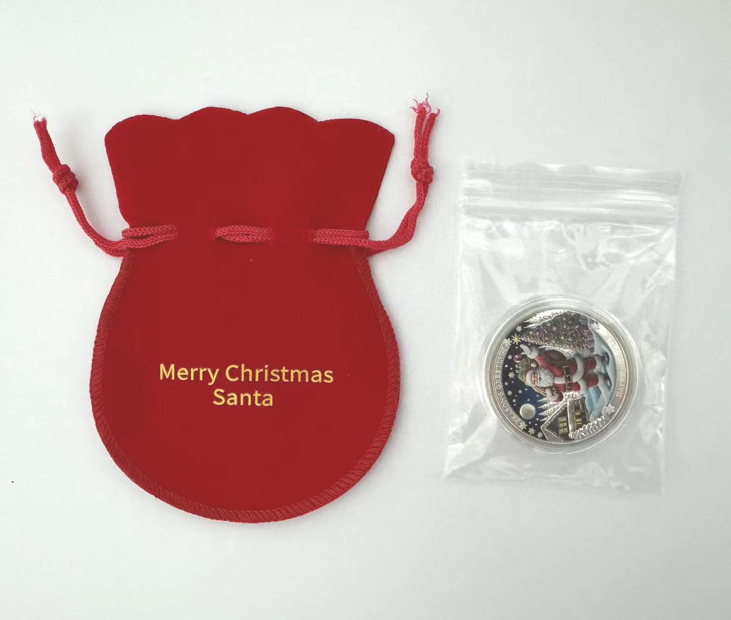 DFFDFF Santa Claus Merry Christmas Challenge Coin with Red Bag – 3D Engraved Holiday Gift
