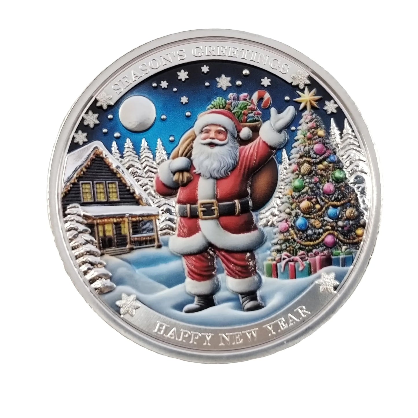 DFFDFF Santa Claus Merry Christmas Challenge Coin with Red Bag – 3D Engraved Holiday Gift