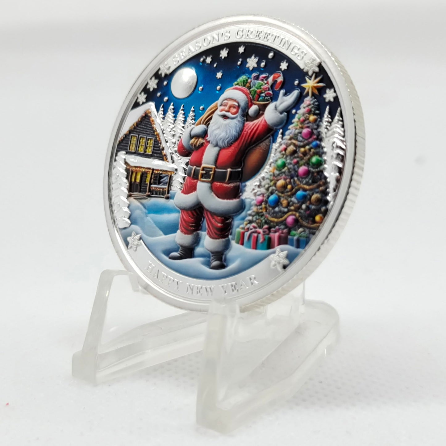 DFFDFF Santa Claus Merry Christmas Challenge Coin with Red Bag – 3D Engraved Holiday Gift