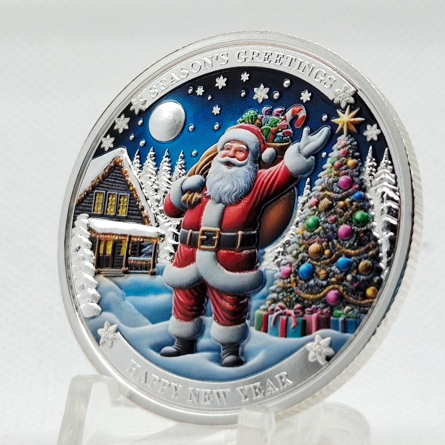 DFFDFF Santa Claus Merry Christmas Challenge Coin with Red Bag – 3D Engraved Holiday Gift