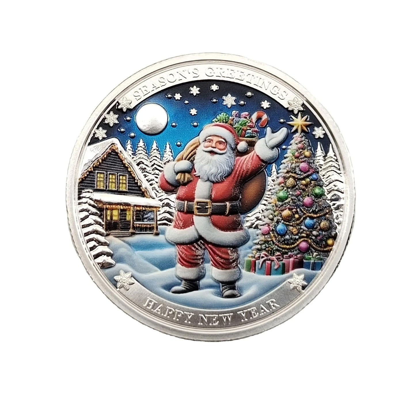 DFFDFF Santa Claus Merry Christmas Challenge Coin with Red Bag – 3D Engraved Holiday Gift