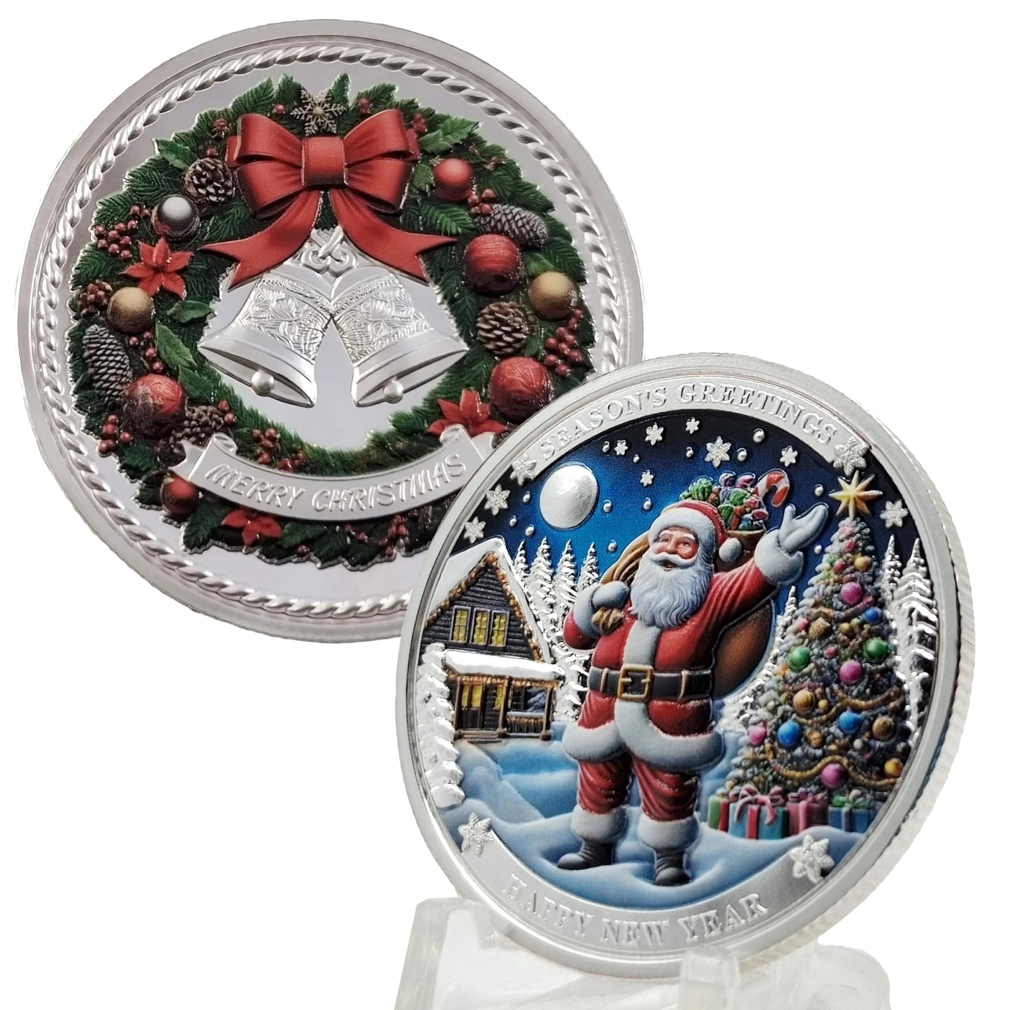 DFFDFF Santa Claus Merry Christmas Challenge Coin with Red Bag – 3D Engraved Holiday Gift