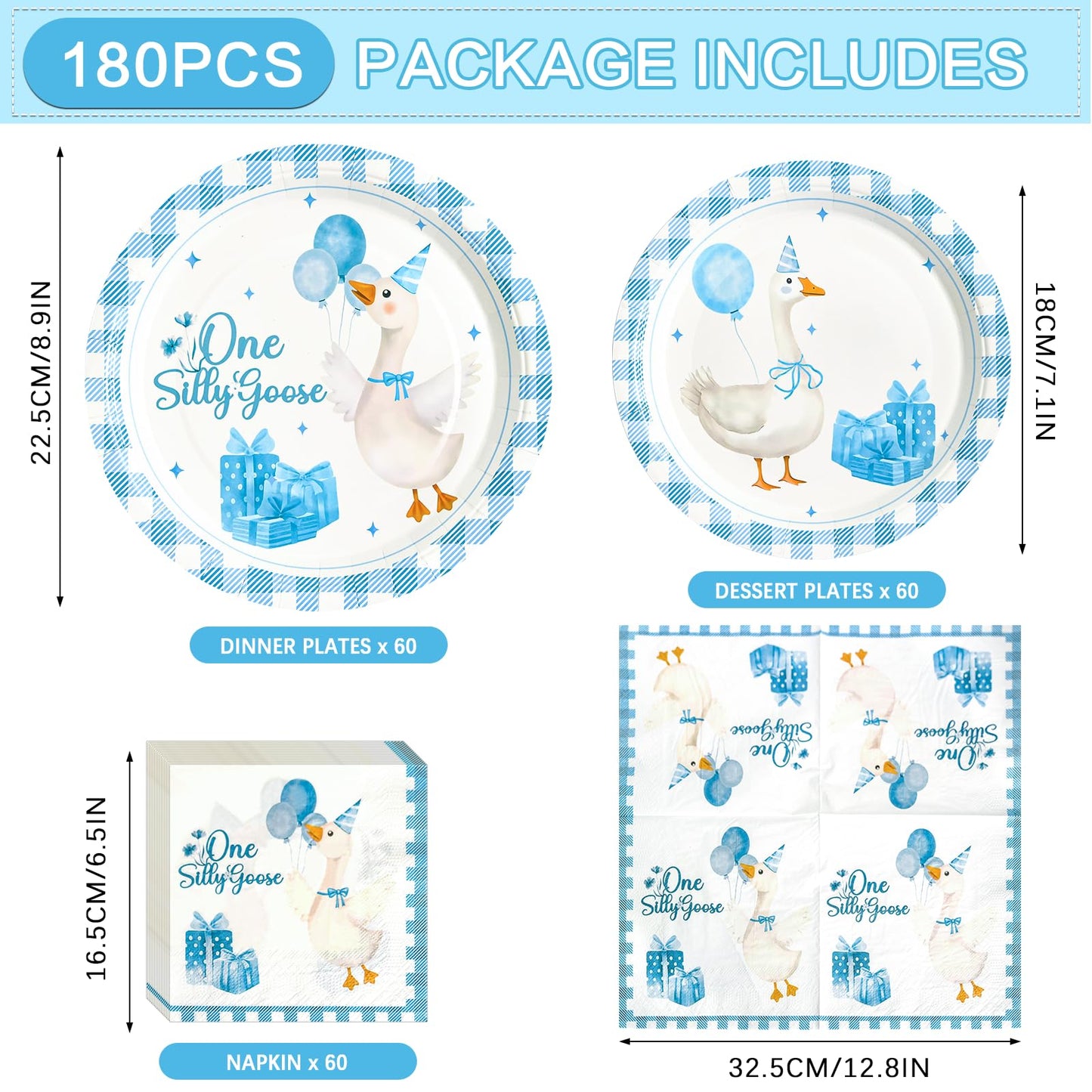 Dhnvcud 180PCS One Silly Goose Party Supplies – Serves 60, Goose Theme Plates & Napkins Kit