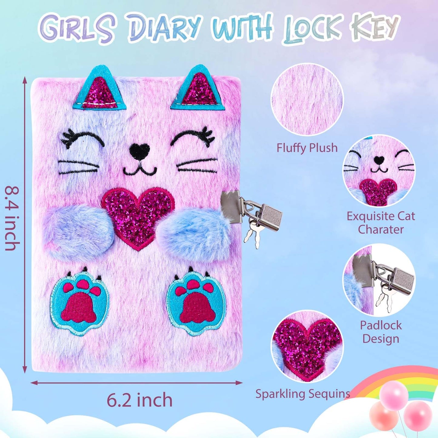 DHQH Cat Diary with Lock Gift Set for Girls Aged 6–12 | Secret Journal & Accessories