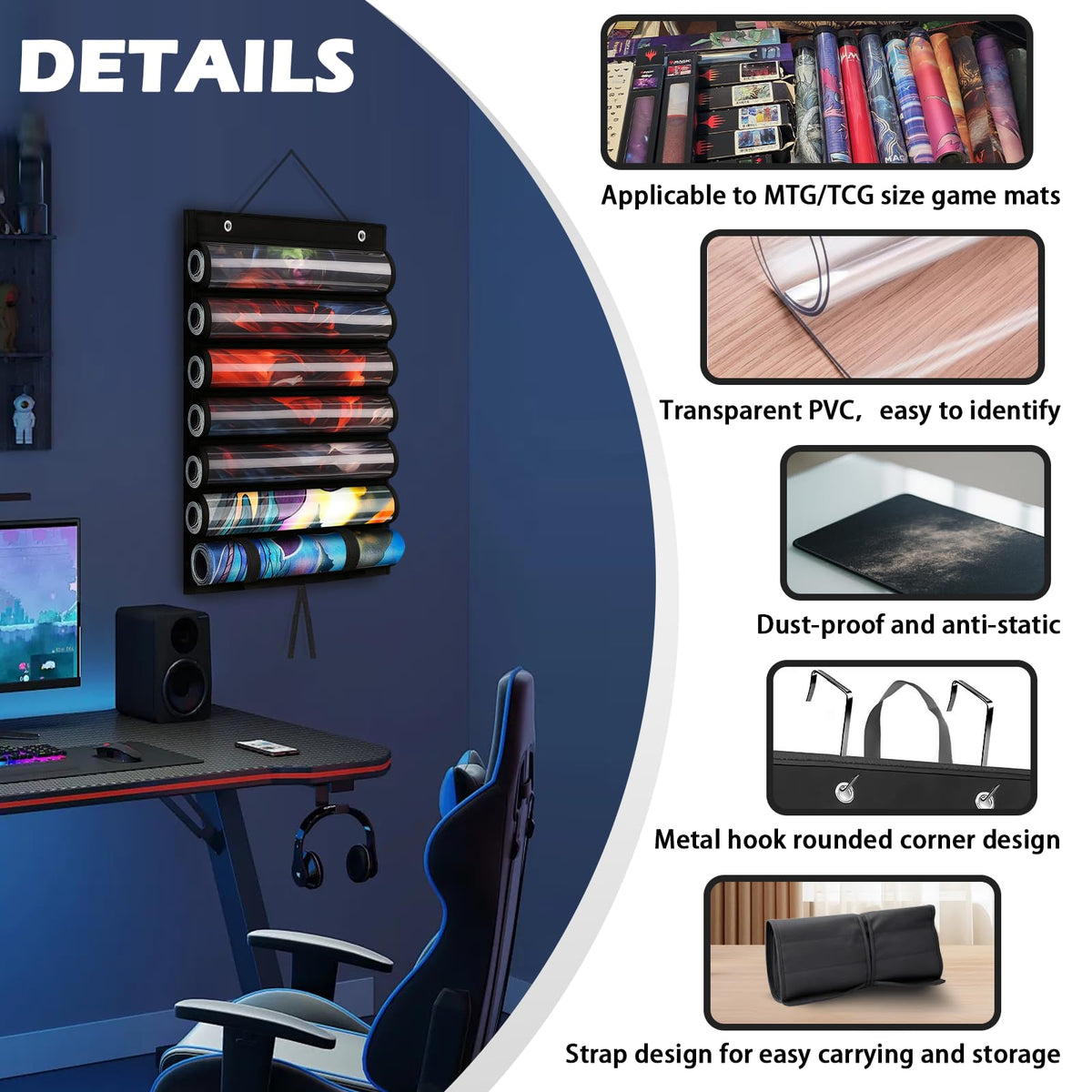 DHRRDE Playmat Tube for MTG – Portable Hangable Door Organizer with 6 Tubes and Clear Slots