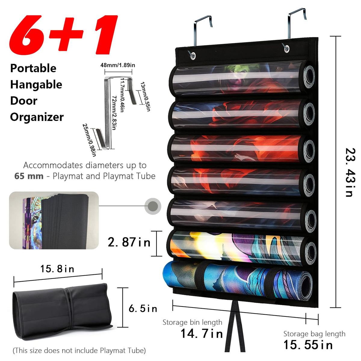 DHRRDE Playmat Tube for MTG – Portable Hangable Door Organizer with 6 Tubes and Clear Slots