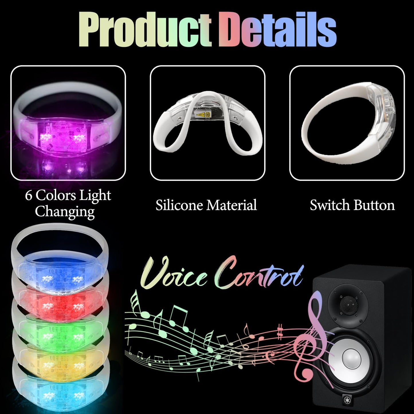 Dhseinat 100 Pcs LED Bracelets – Sound Activated 6-Color Changing Light Up Wristbands