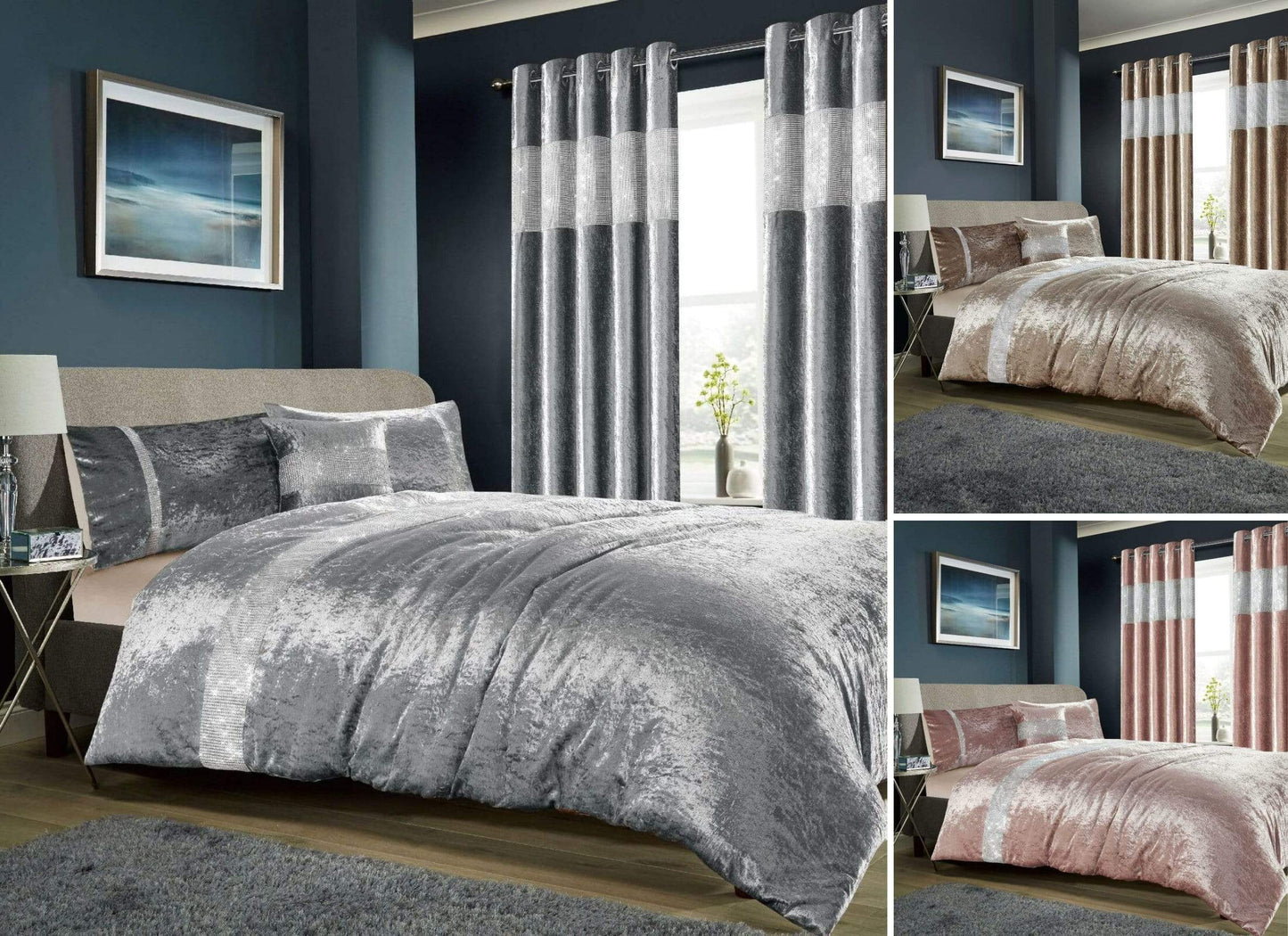 Diamante Crushed Velvet Duvet Set Breathable Luxurious OEKO-TEX Certified Bedding in Double King Super King Sizes Available in Silver Champagne Blush Pink by OLIVIA ROCCO