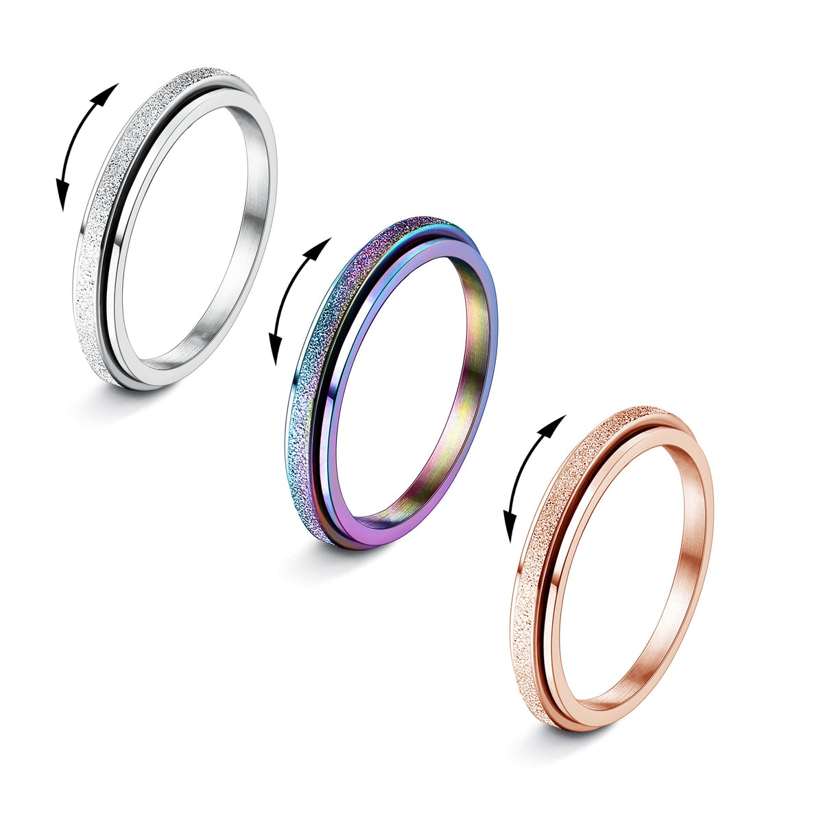 Diamday 3Pcs Fidget Rings – 2mm Titanium Steel Spinner Ring Set for Anxiety Relief (Sizes 5–10)