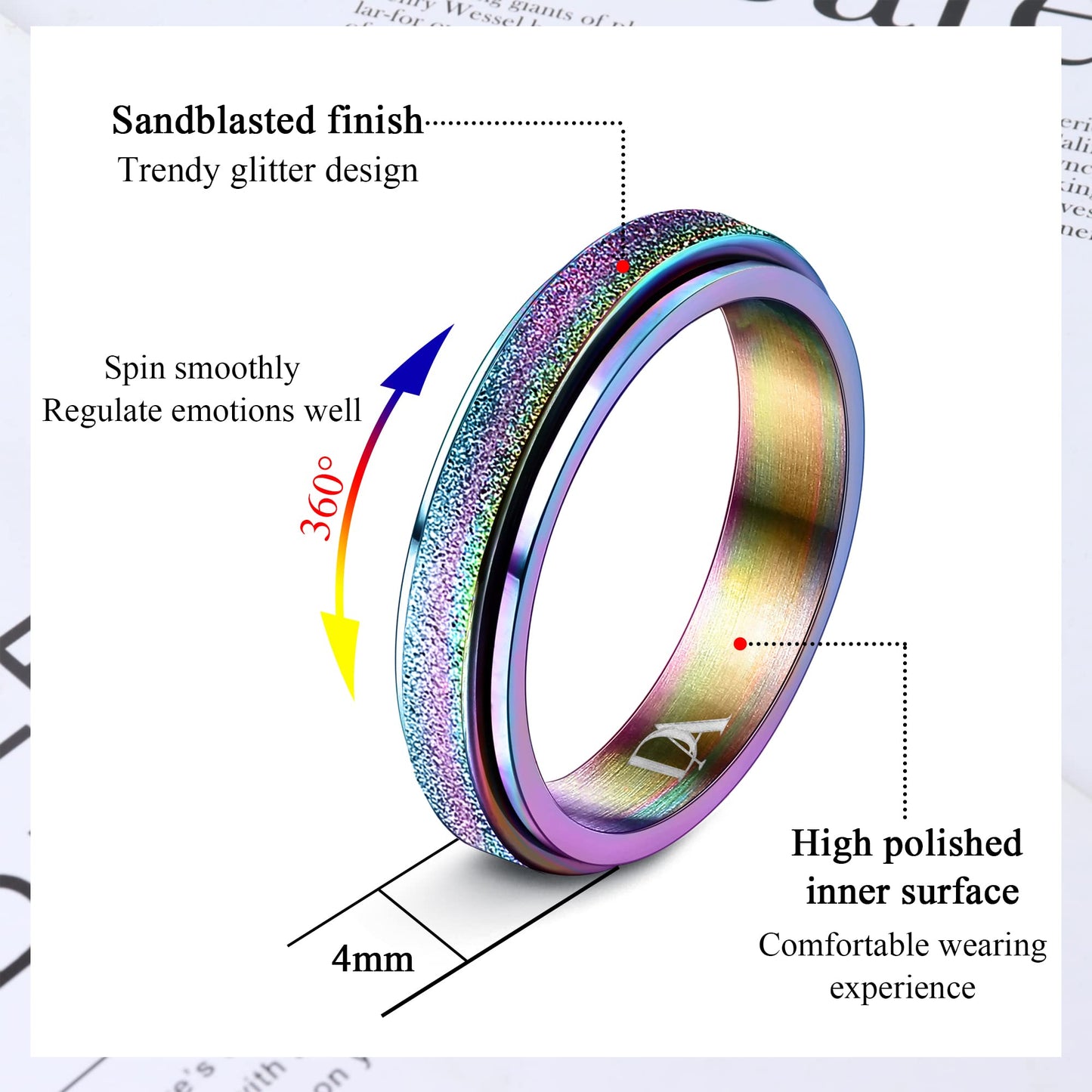 Diamday Colorful Fidget Ring – Titanium Spinner Ring (4mm) for Focus | Size 7