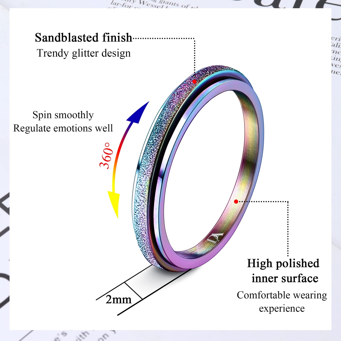 Diamday Colorful Fidget Ring - 2mm Titanium Stainless Steel Spinner Ring for Anxiety Relief | Unisex Size 8