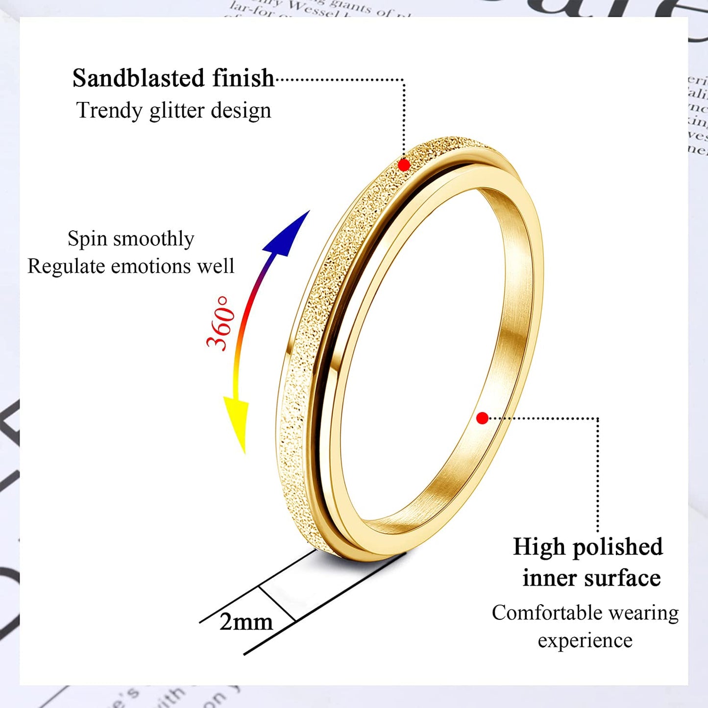 Diamday Gold Fidget Ring | 2mm Titanium Steel Spinner for Anxiety Relief (Size 7)