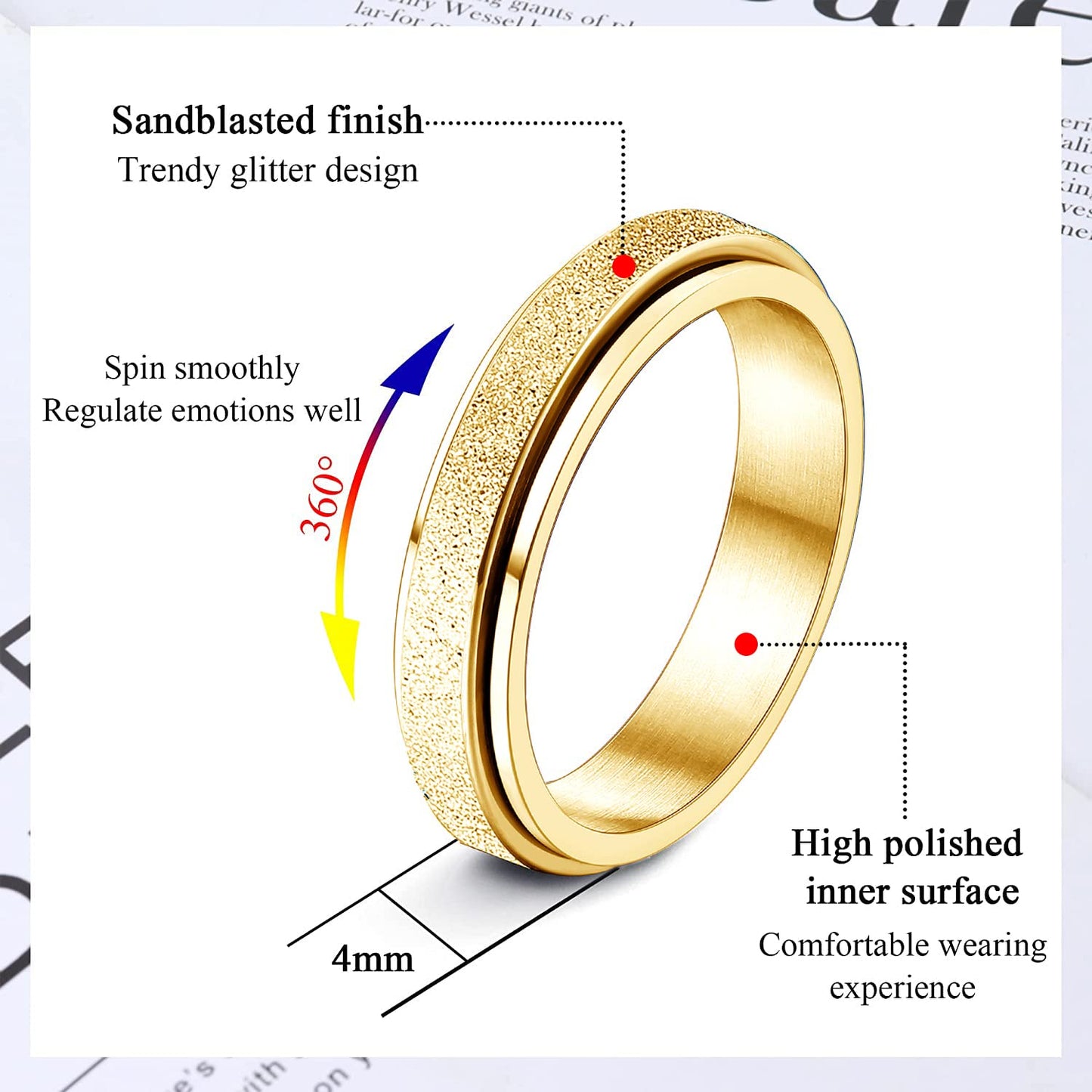 Diamday Gold Fidget Ring – 4mm Titanium Spinner for Anxiety Relief | Unisex