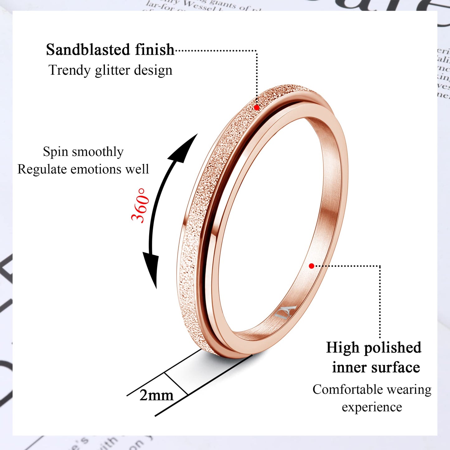 Diamday Rose Gold Fidget Ring (2mm) | Titanium Spinner Ring for Anxiety Relief | Size 8