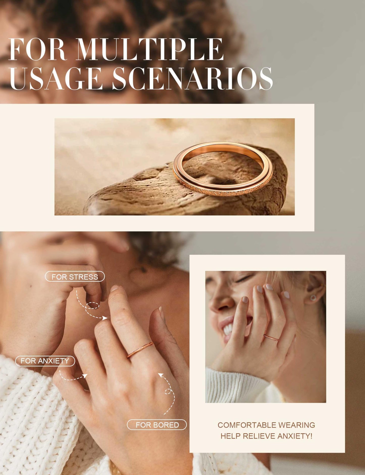 Diamday Rose Gold Fidget Ring – 2mm Spinner Ring for Anxiety, Stress Relief, Gift for Women & Men