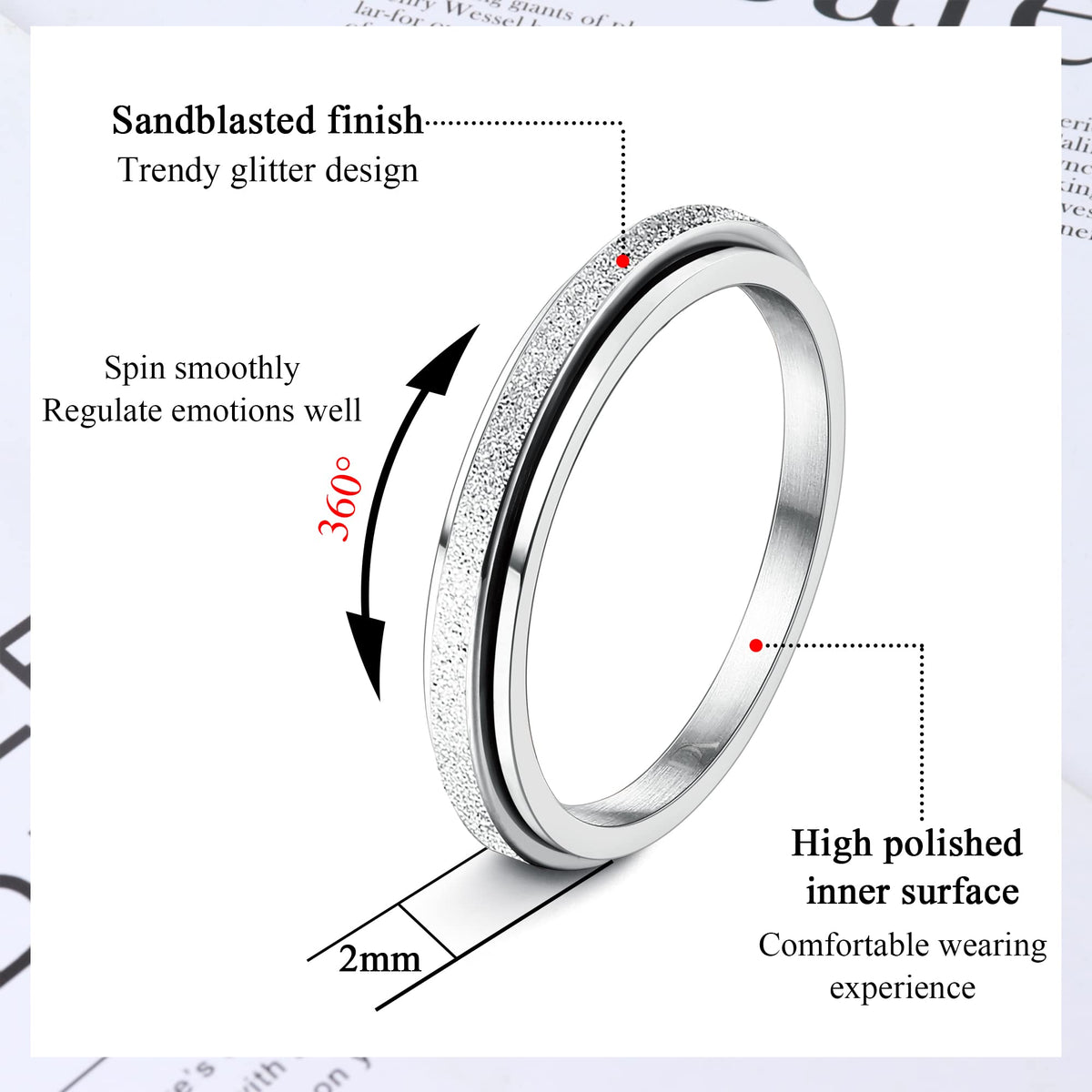 Diamday Silver Fidget Ring – Titanium Spinner for Anxiety & Stress Relief (Size 7)
