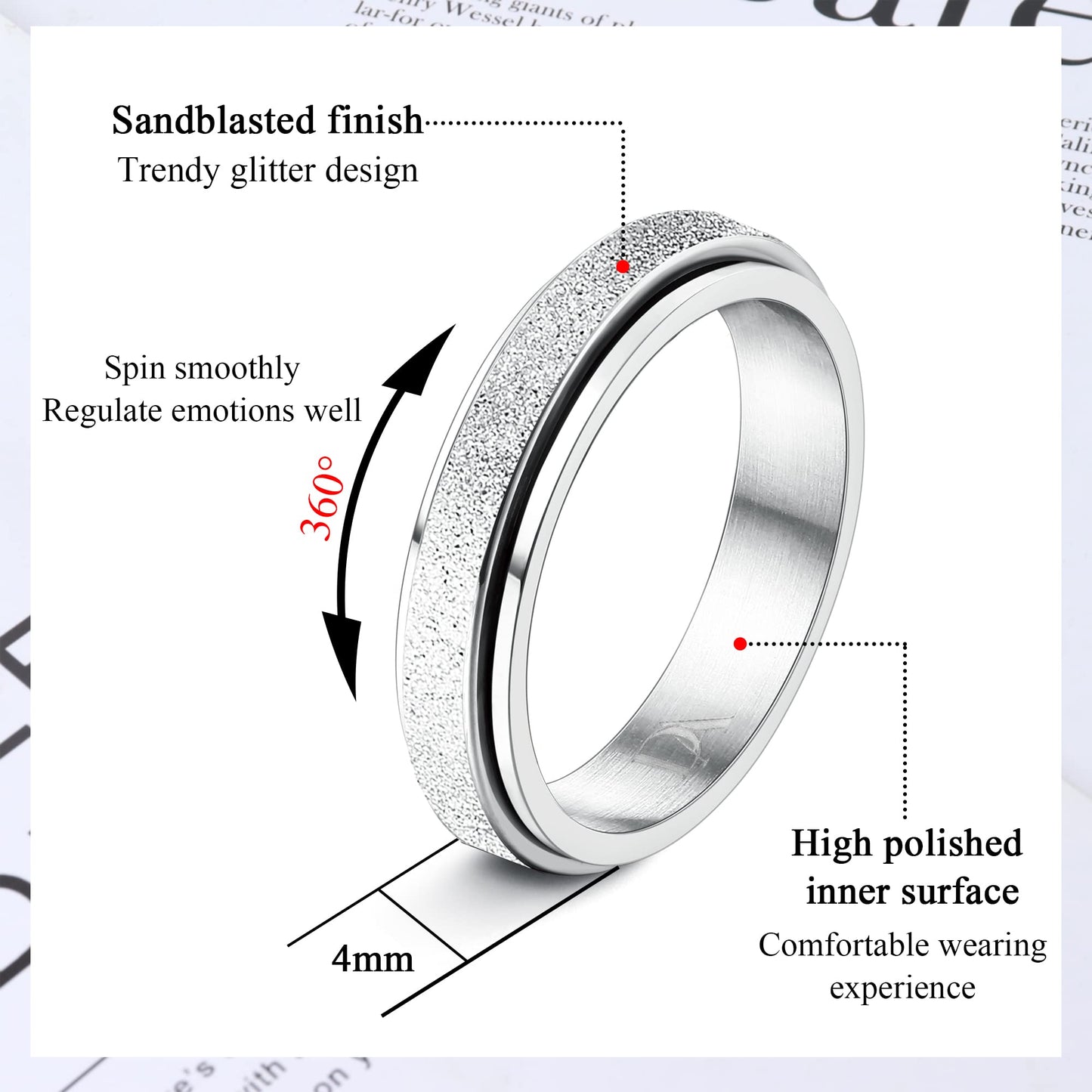 Diamday Silver Fidget Ring – 4mm Titanium Stainless Steel Spinner Ring for Women & Men | Sandblast Finish Anxiety Jewelry