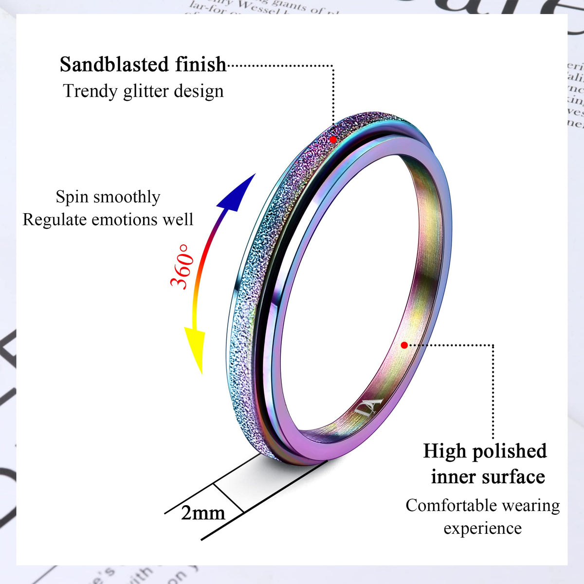 Diamday Colorful Fidget Rings - 2mm Titanium Steel Spinner Ring for Anxiety Relief | Women & Men