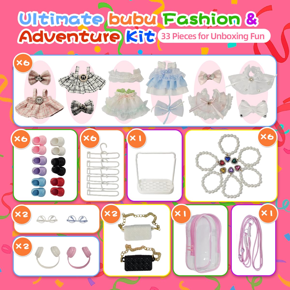 Diaomao 33-Pack Doll Accessories for Labubu (17 cm) – Outfits, Shoes, Glasses & Display Rack