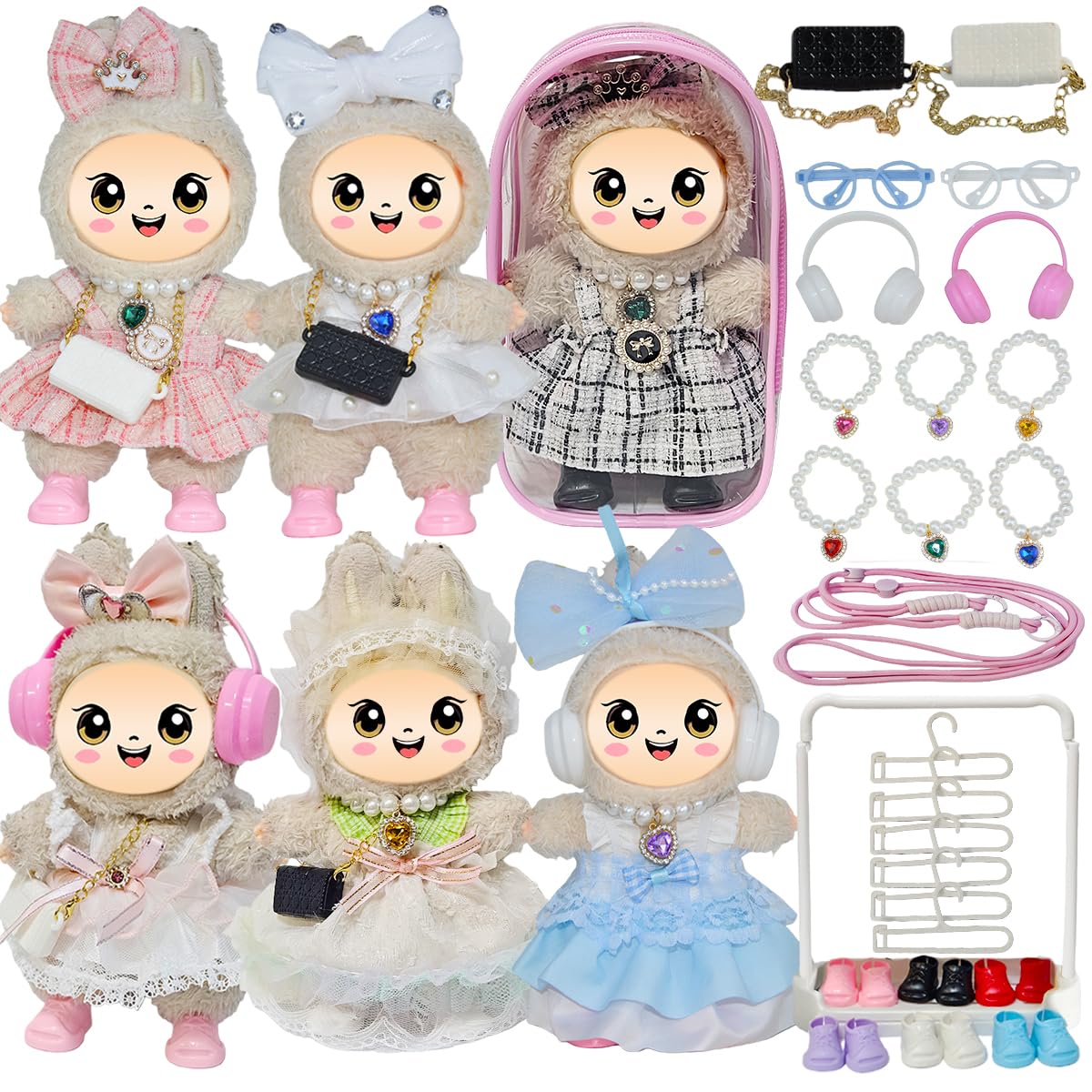 Diaomao 33-Pack Doll Accessories for Labubu (17 cm) – Outfits, Shoes, Glasses & Display Rack