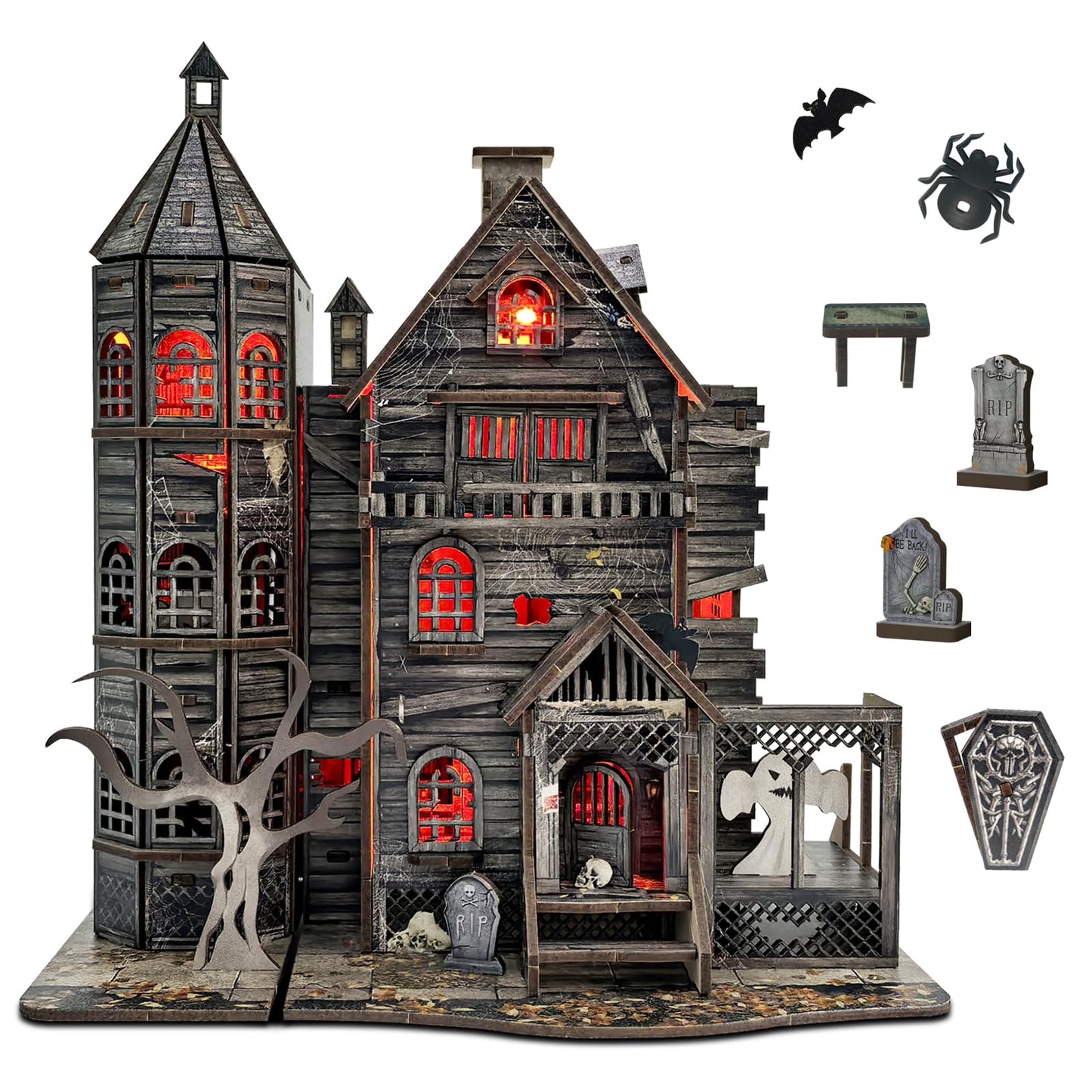 Dibetoy 3D Wooden Haunted House Puzzle Kit with LED Accessories — DIY Miniature Halloween