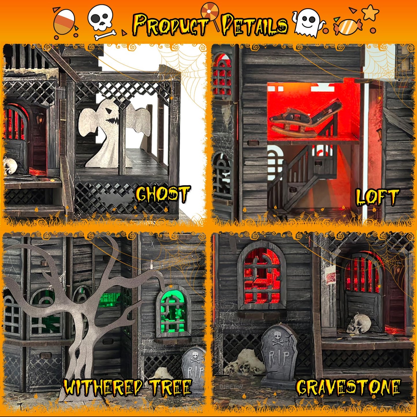 Dibetoy 3D Wooden Haunted House Puzzle Kit with LED Accessories — DIY Miniature Halloween