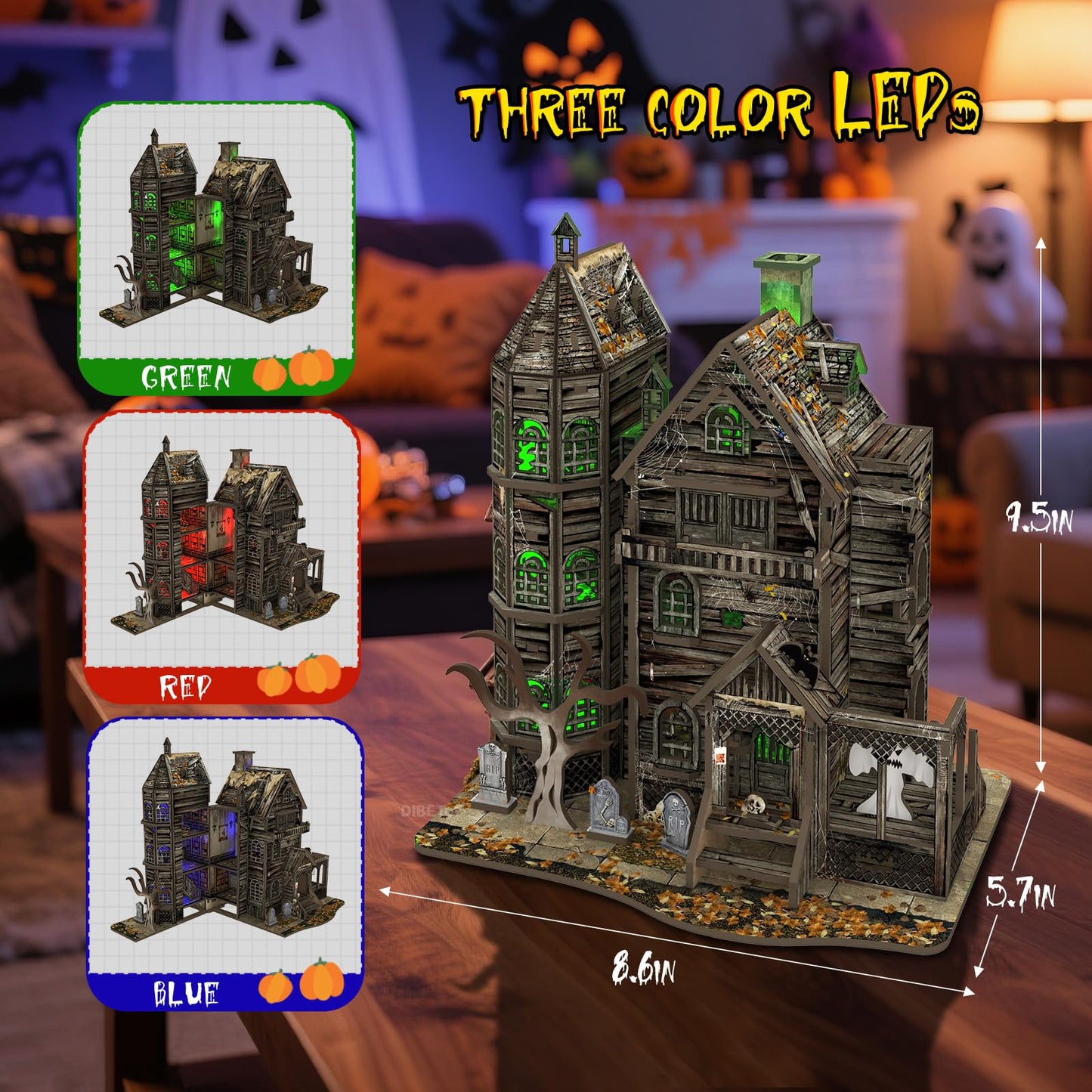 Dibetoy 3D Wooden Haunted House Puzzle Kit with LED Accessories — DIY Miniature Halloween