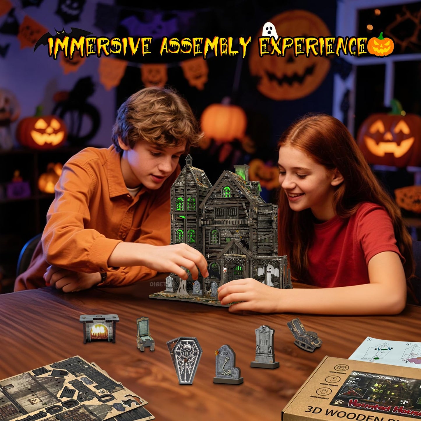 Dibetoy 3D Wooden Haunted House Puzzle Kit with LED Accessories — DIY Miniature Halloween