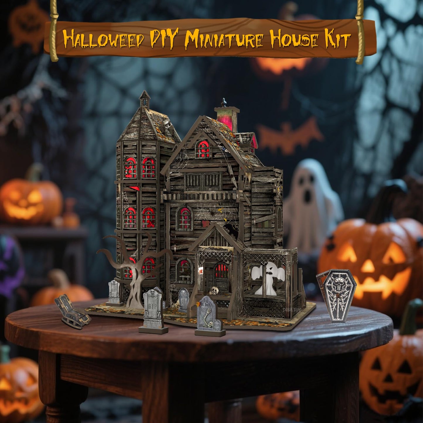 Dibetoy 3D Wooden Haunted House Puzzle Kit with LED Accessories — DIY Miniature Halloween