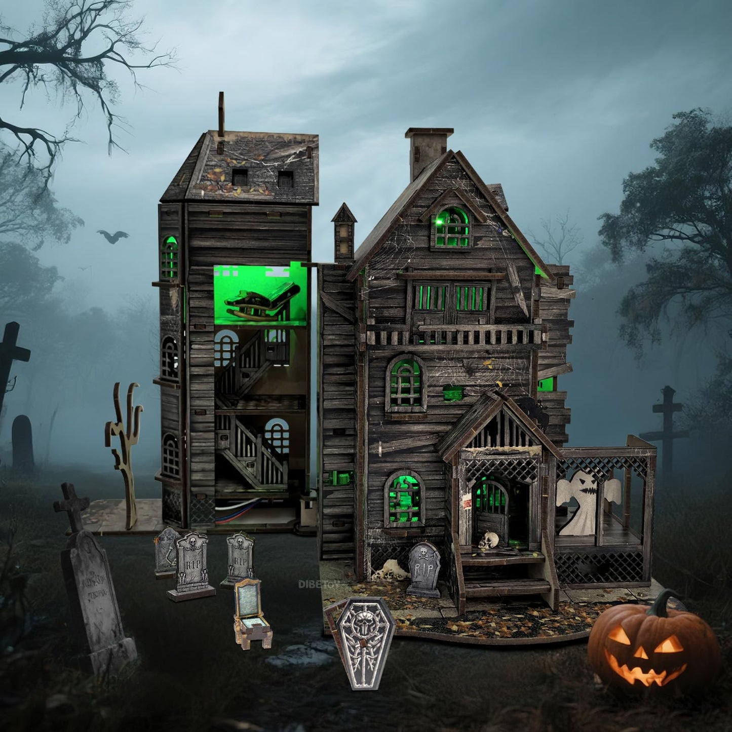Dibetoy 3D Wooden Haunted House Puzzle Kit with LED Accessories — DIY Miniature Halloween
