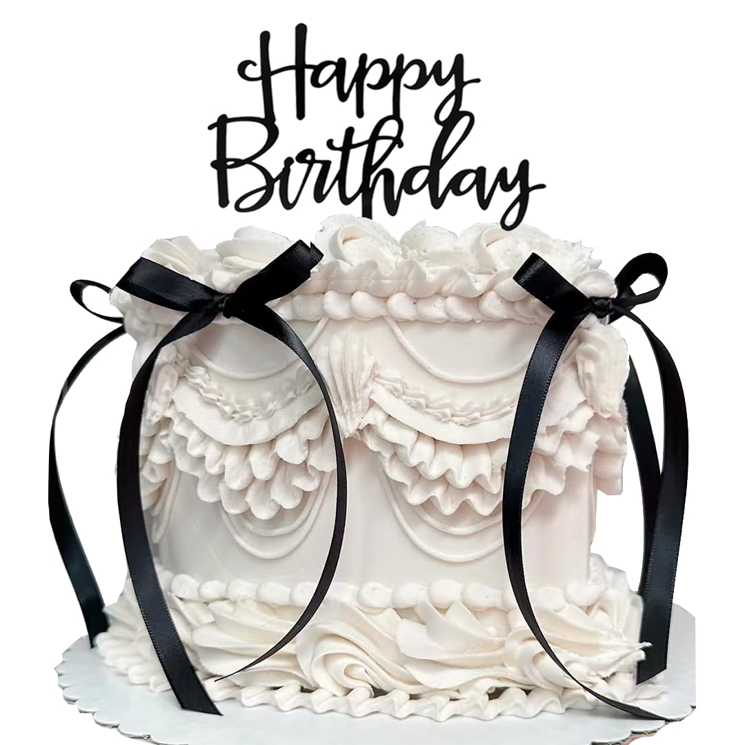 DiDida Bow Cake Topper Ribbon – Black Vintage Coquette with Happy Birthday Sign