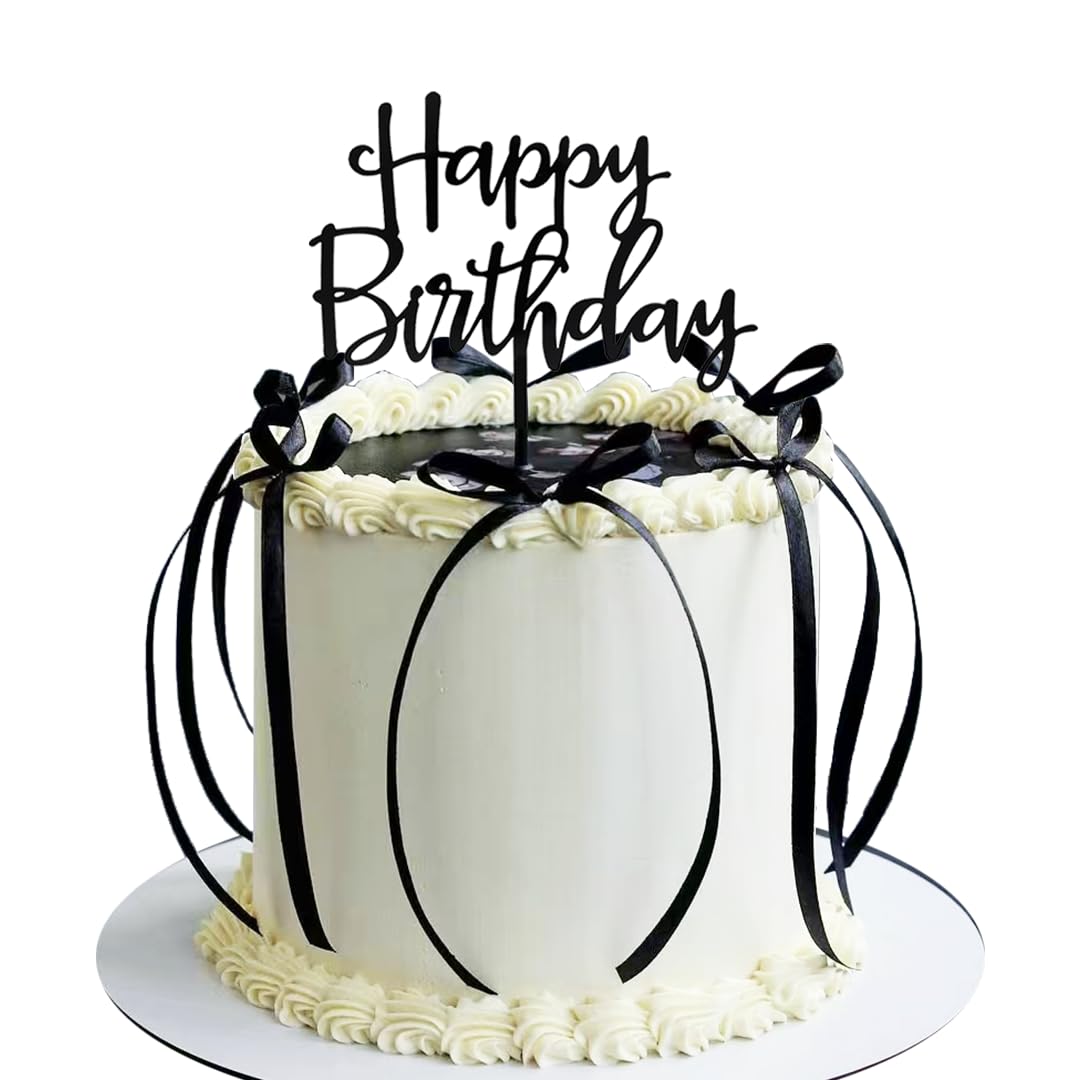 DiDida Bow Cake Topper Ribbon – Black Vintage Coquette with Happy Birthday Sign