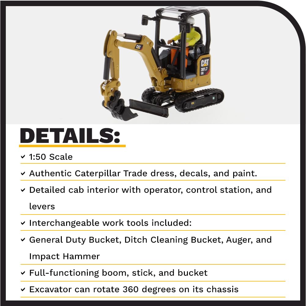 Diecast Masters CAT 301.7 CR Next Gen Mini Hydraulic Excavator with Work Tools – 1:50 Model 85597