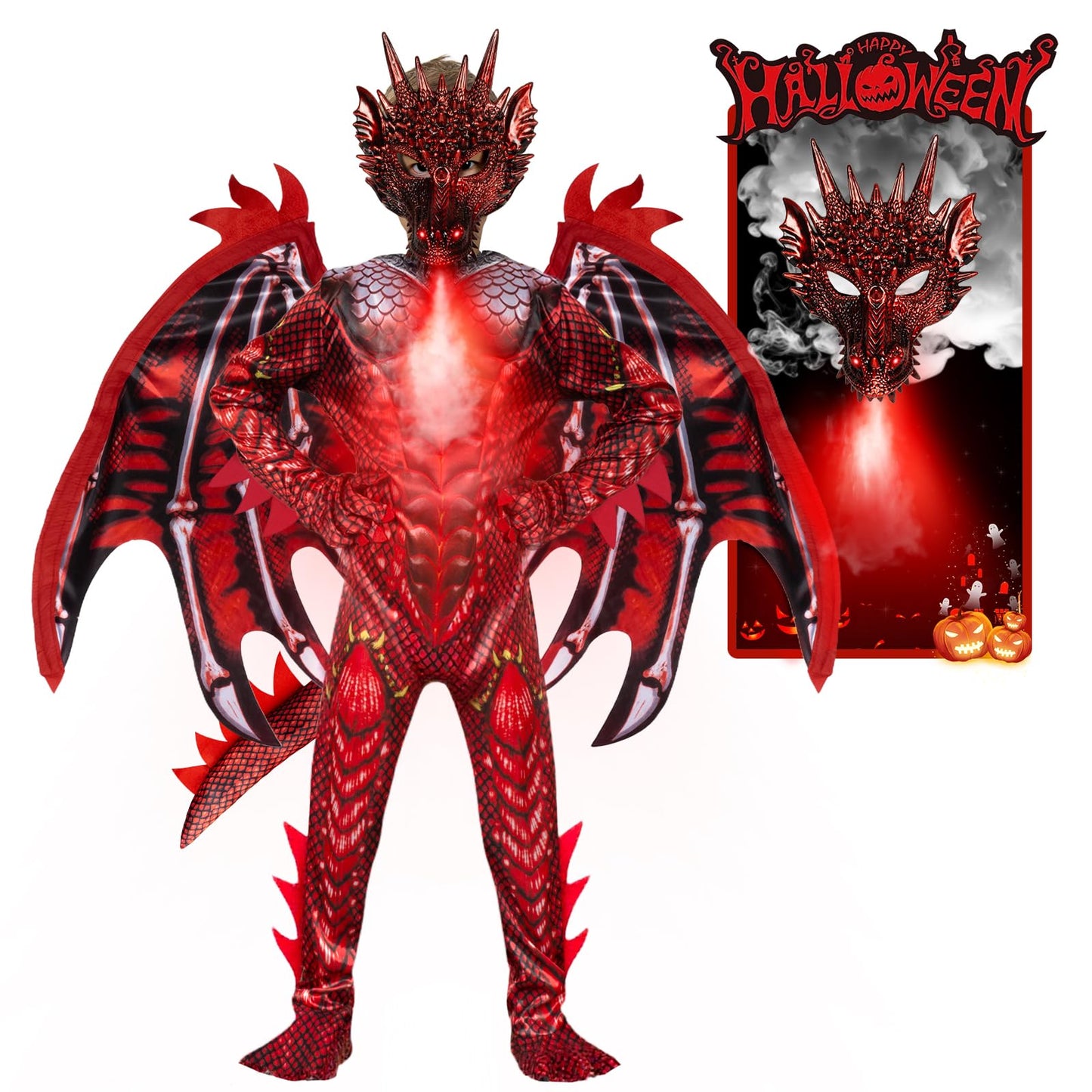 digi Dragon Costume for Kids - Red Fire Dragon Jumpsuit with Wings & Tail Spikes
