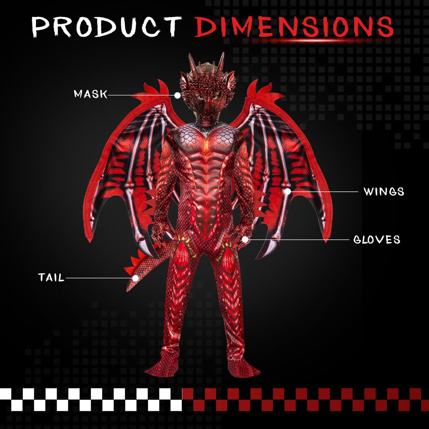 digi Dragon Costume for Kids - Red Fire Dragon Jumpsuit with Wings & Tail Spikes