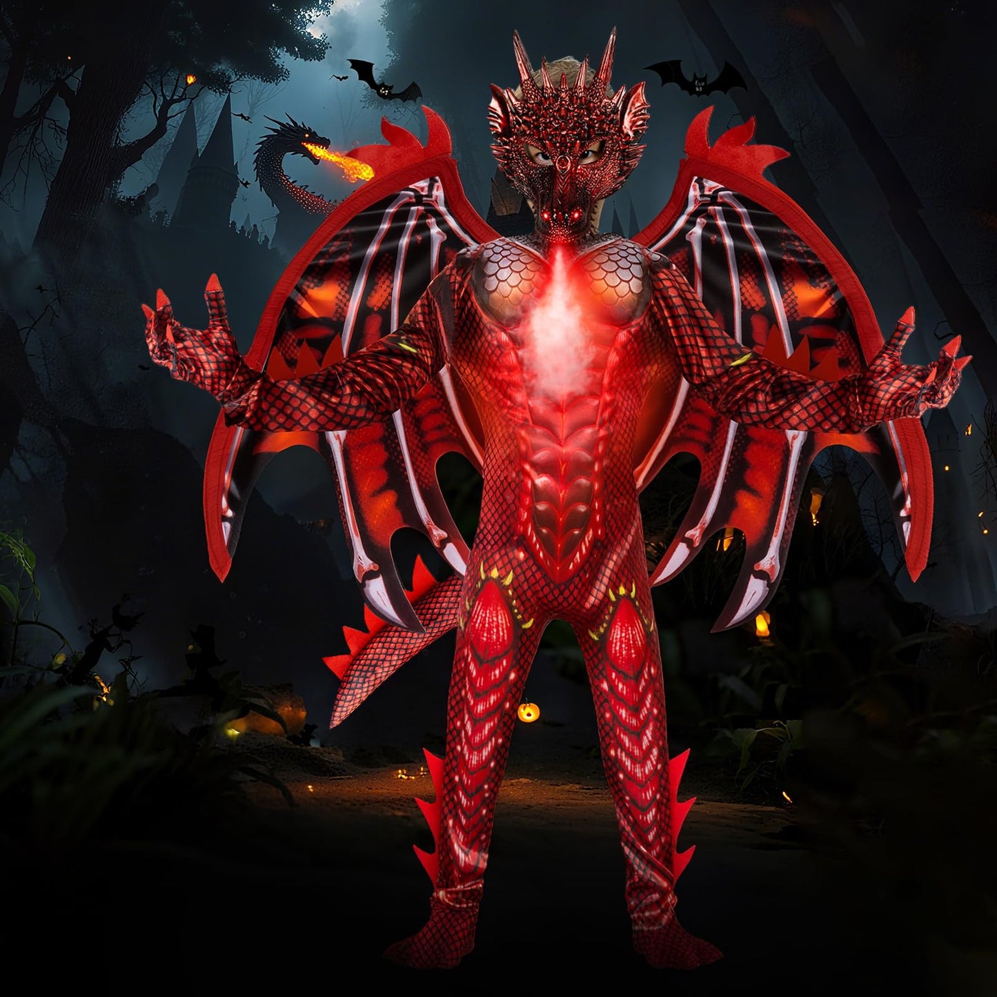 digi Dragon Costume for Kids - Red Fire Dragon Jumpsuit with Wings & Tail Spikes