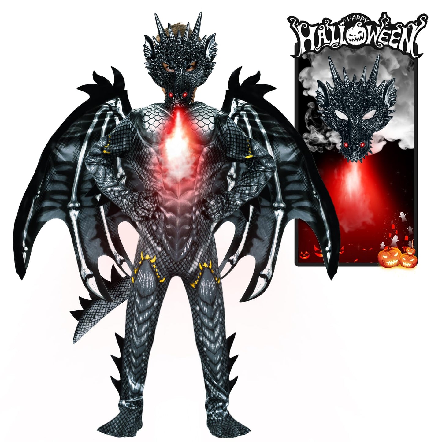digi Dragon Costume for Kids - Black Dragon Jumpsuit with Wings, Tail & Spikes (Ages 3-12)