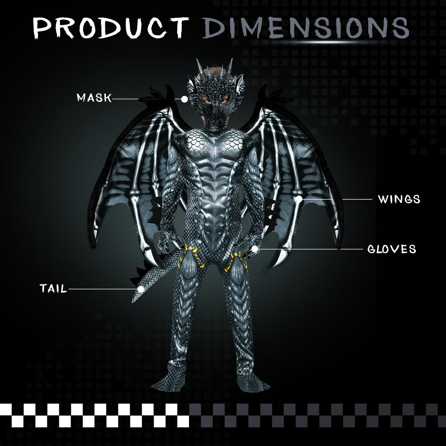 digi Dragon Costume for Kids - Black Dragon Jumpsuit with Wings, Tail & Spikes (Ages 3-12)