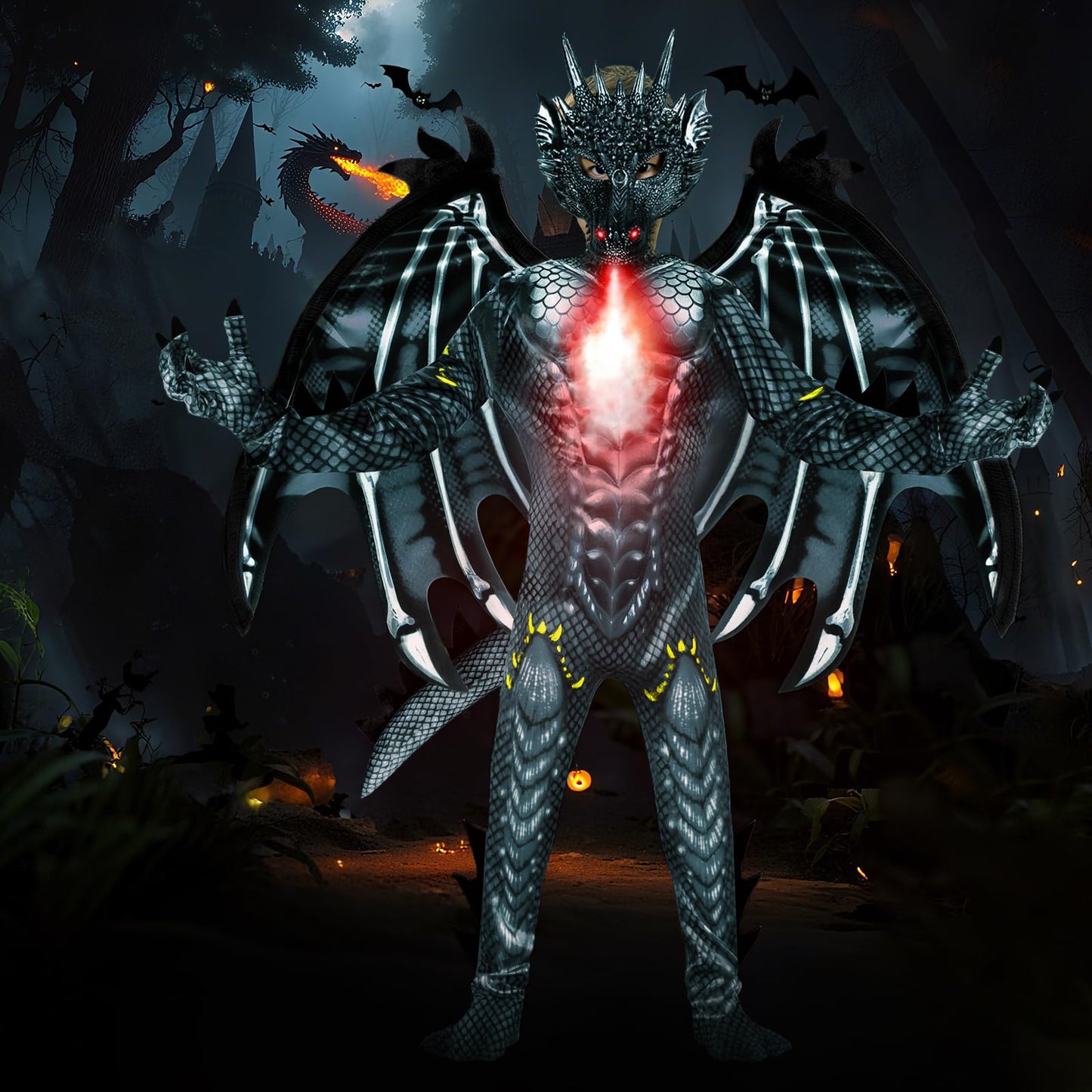 digi Dragon Costume for Kids - Black Dragon Jumpsuit with Wings, Tail & Spikes (Ages 3-12)