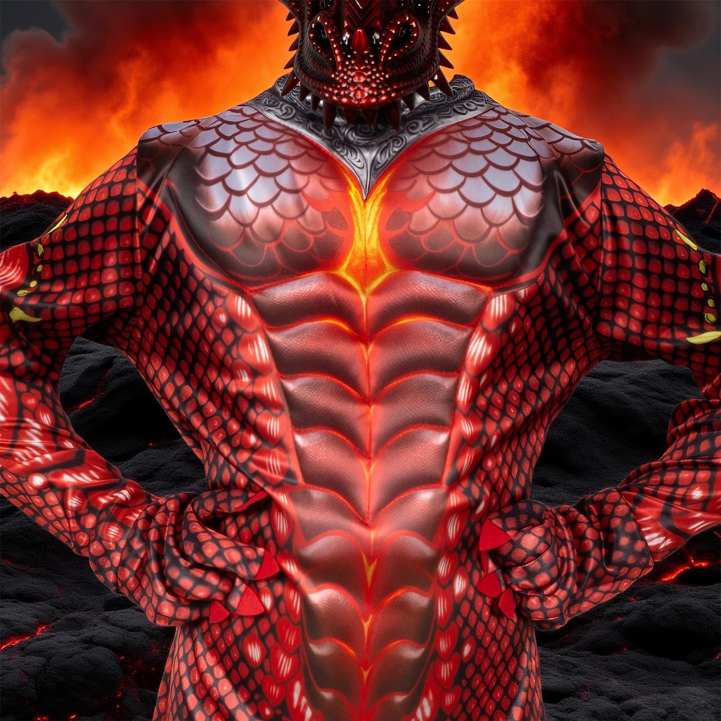 digi Dragon Costume for Kids - Red Fire Dragon Jumpsuit with Wings & Tail Spikes