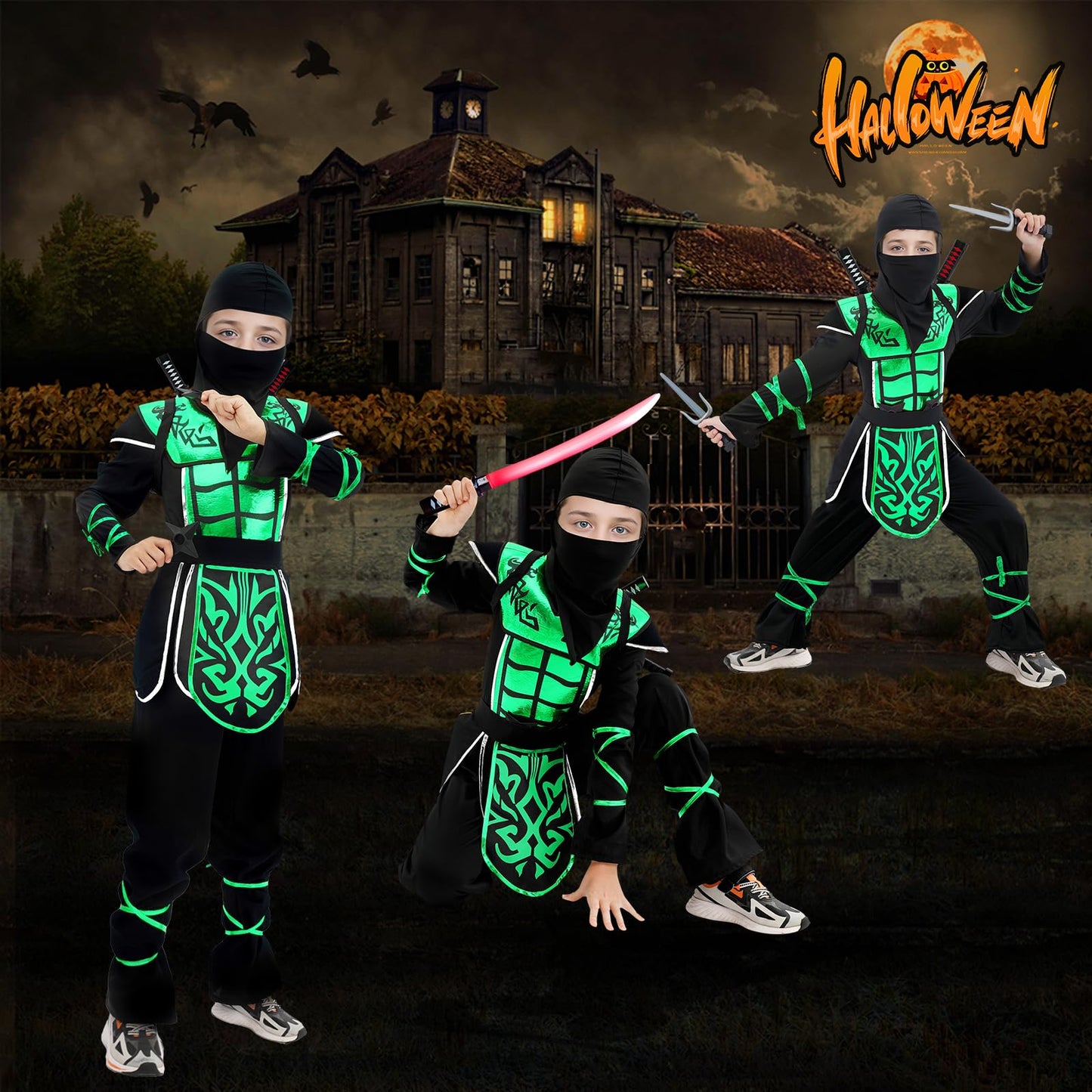 Digi Kids Halloween Ninja Costume for Boys – Green Outfit with Props (4-12)