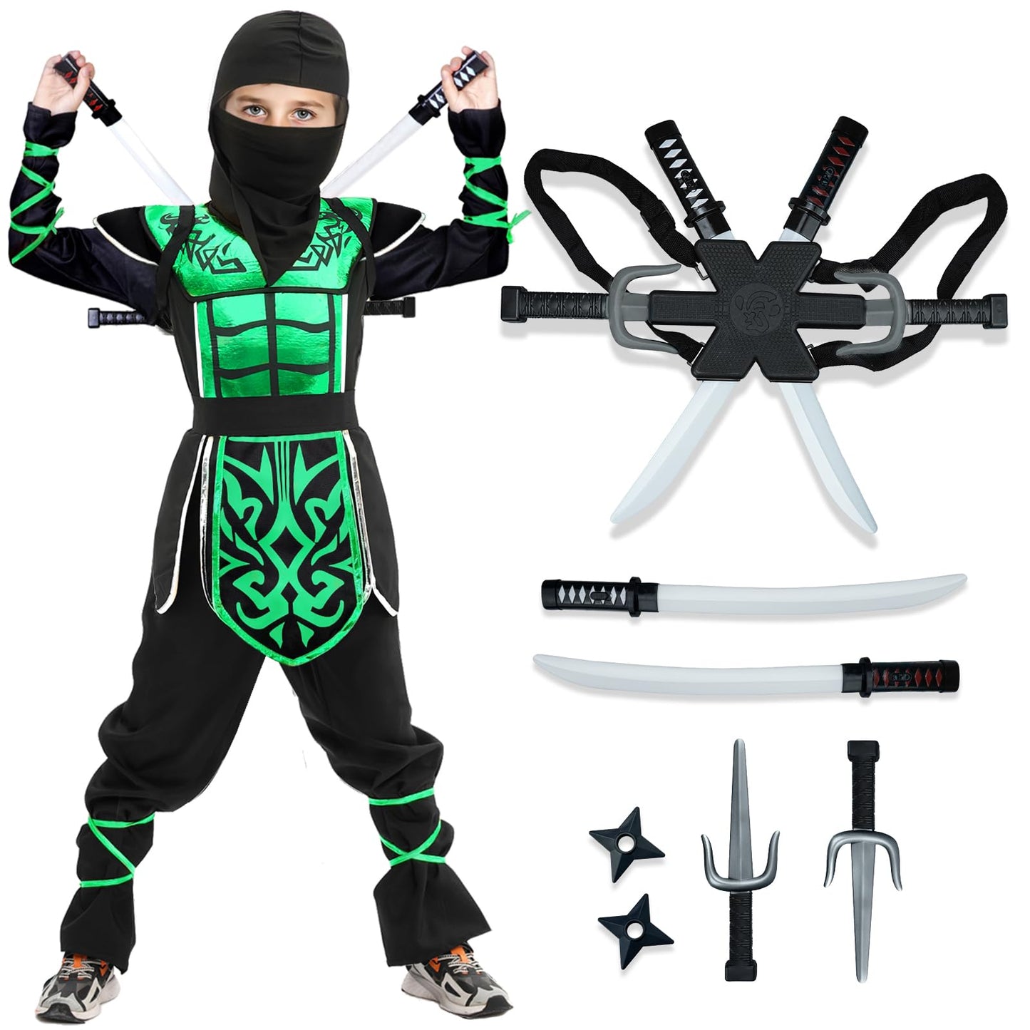 Digi Kids Halloween Ninja Costume for Boys – Green Outfit with Props (4-12)